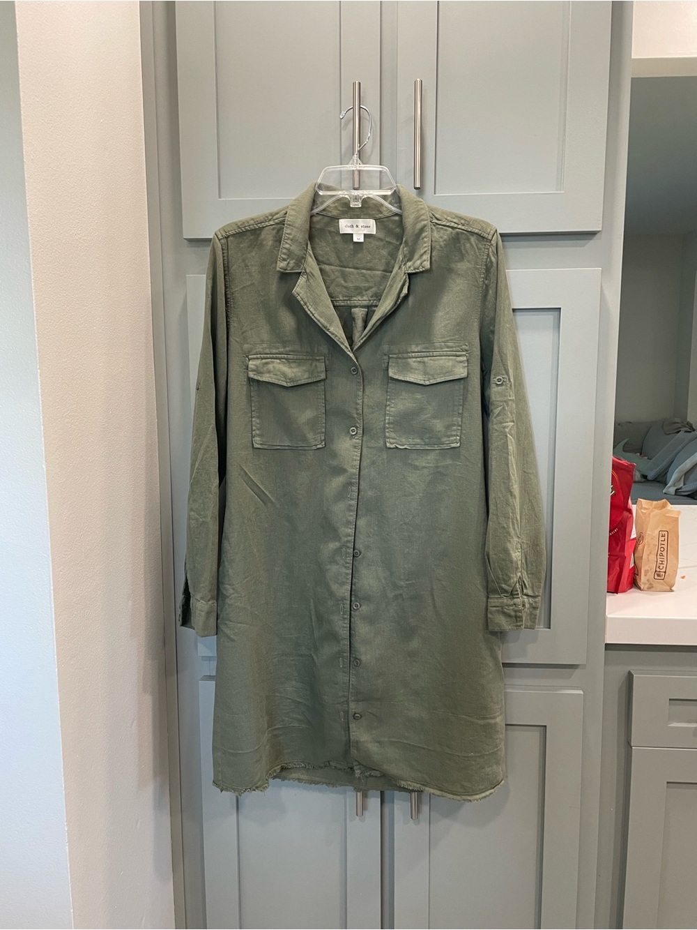 Anthropologie linen Olive Green Long Utility Shirt Jacket